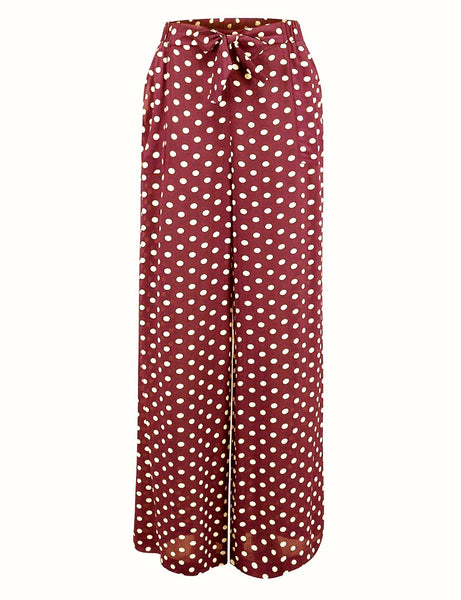 "Winnie" Wide Leg Loose Fit Trousers in Wine with Polka Dot Spot, Classic 1940s Style - True and authentic vintage style clothing, inspired by the Classic styles of CC41 , WW2 and the fun 1950s RocknRoll era, for everyday wear plus events like Goodwood Revival, Twinwood Festival and Viva Las Vegas Rockabilly Weekend Rock n Romance The Seamstress Of Bloomsbury