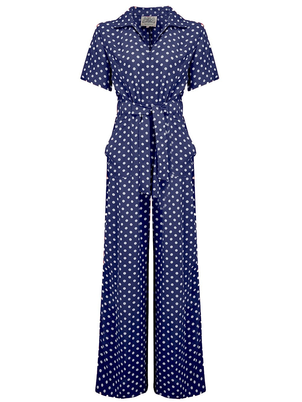 "Lauren" Siren Jump Suit in Navy Blue with Polka Dot Spots by The Seamstress of Bloomsbury, Classic 1940s Vintage Style - True and authentic vintage style clothing, inspired by the Classic styles of CC41 , WW2 and the fun 1950s RocknRoll era, for everyday wear plus events like Goodwood Revival, Twinwood Festival and Viva Las Vegas Rockabilly Weekend Rock n Romance The Seamstress Of Bloomsbury