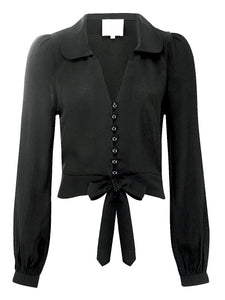 "Clarice" Long Sleeve Blouse in Plain Black, Authentic Classic 1940s Vintage Inspired Style - True and authentic vintage style clothing, inspired by the Classic styles of CC41 , WW2 and the fun 1950s RocknRoll era, for everyday wear plus events like Goodwood Revival, Twinwood Festival and Viva Las Vegas Rockabilly Weekend Rock n Romance The Seamstress Of Bloomsbury