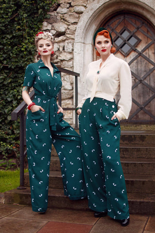 "Audrey" Trousers in Vintage Green with Doggy Print, Classic 1940s Vintage Style - True vintage clothing outfit styles for Goodwood Revival and Viva Las Vegas Rockabilly Weekend Rock n Romance The Seamstress Of Bloomsbury