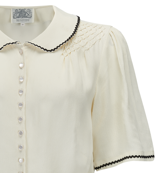 "Helen" Blouse in Cream with Contrast Black Ric-Rac, Authentic 1940s Vintage Style - CC41, Goodwood Revival, Twinwood Festival, Viva Las Vegas Rockabilly Weekend Rock n Romance The Seamstress Of Bloomsbury