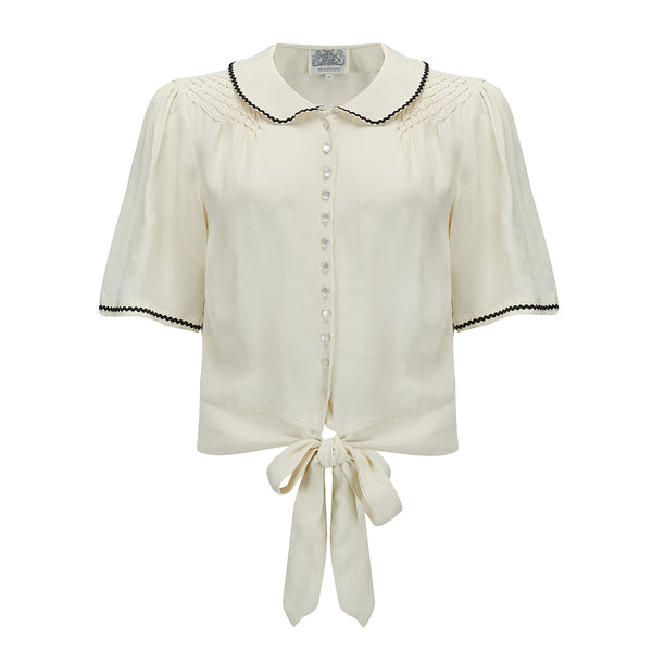 "Helen" Blouse in Cream with Contrast Black Ric-Rac, Authentic 1940s Vintage Style - True and authentic vintage style clothing, inspired by the Classic styles of CC41 , WW2 and the fun 1950s RocknRoll era, for everyday wear plus events like Goodwood Revival, Twinwood Festival and Viva Las Vegas Rockabilly Weekend Rock n Romance The Seamstress Of Bloomsbury