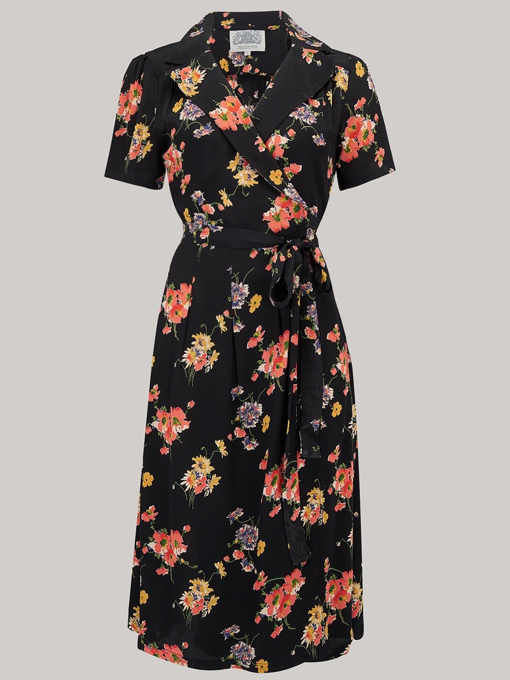 "Peggy" Wrap Dress in Black with Mayflower Print, Classic 1940s Vintage Inspired - True and authentic vintage style clothing, inspired by the Classic styles of CC41 , WW2 and the fun 1950s RocknRoll era, for everyday wear plus events like Goodwood Revival, Twinwood Festival and Viva Las Vegas Rockabilly Weekend Rock n Romance The Seamstress of Bloomsbury