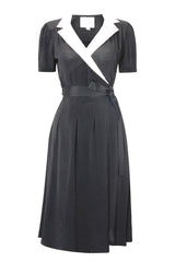 "Peggy" Wrap Dress in Black with Cream Contrast Collar, Classic 1940s Vintage Style
