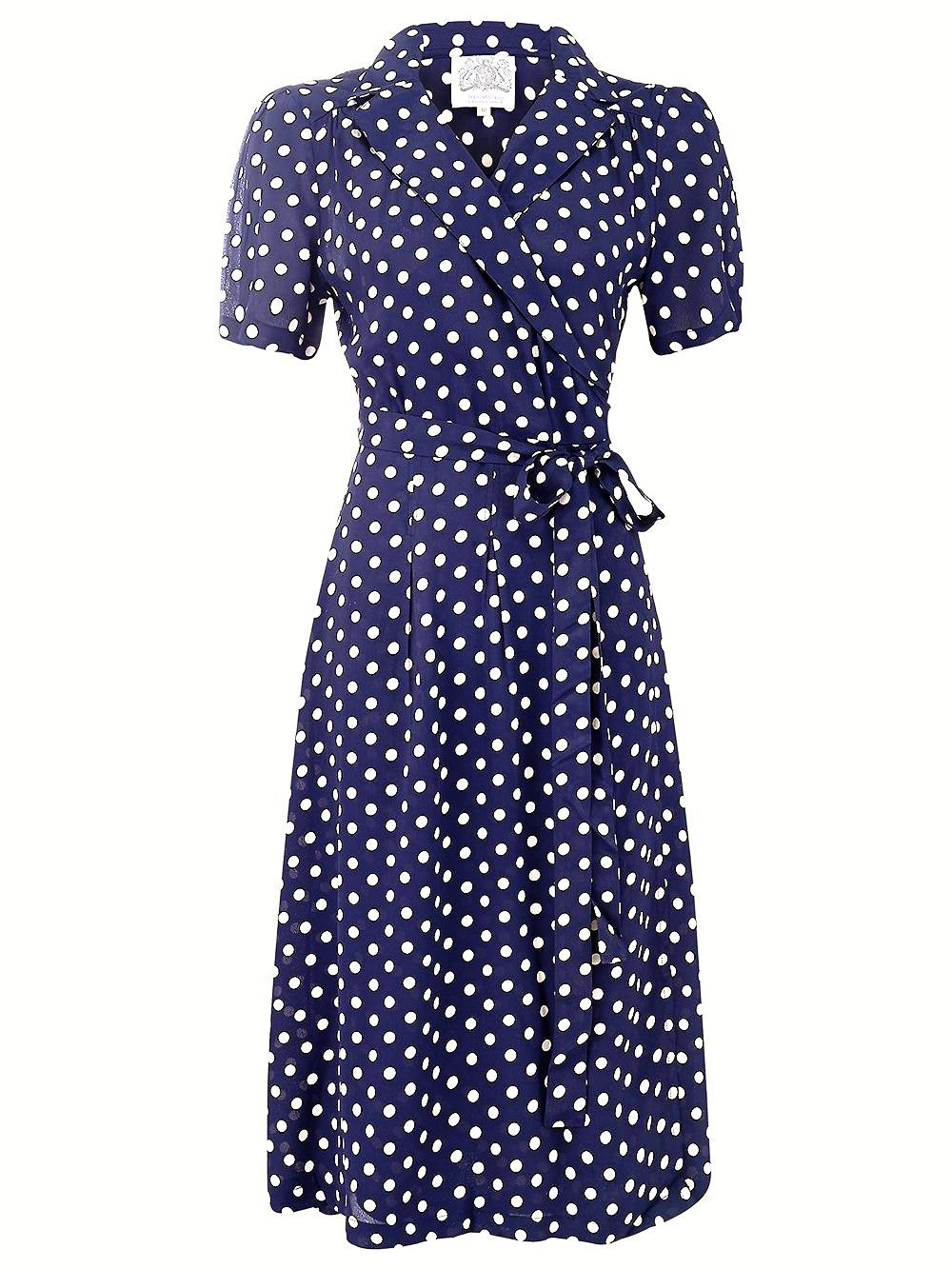 "Peggy" Wrap Dress in Navy with Polka Dot Spot, Classic The 1940s Vintage Inspired Style - True and authentic vintage style clothing, inspired by the Classic styles of CC41 , WW2 and the fun 1950s RocknRoll era, for everyday wear plus events like Goodwood Revival, Twinwood Festival and Viva Las Vegas Rockabilly Weekend Rock n Romance The Seamstress of Bloomsbury