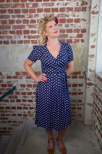 "Peggy" Wrap Dress in Navy with Polka Dot Spot, Classic The 1940s Vintage Inspired Style - True and authentic vintage style clothing, inspired by the Classic styles of CC41 , WW2 and the fun 1950s RocknRoll era, for everyday wear plus events like Goodwood Revival, Twinwood Festival and Viva Las Vegas Rockabilly Weekend Rock n Romance The Seamstress of Bloomsbury