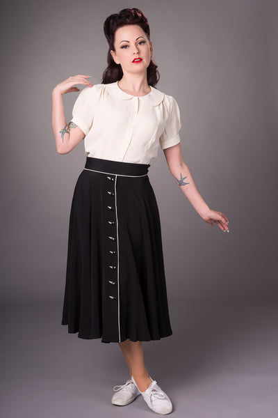 "Rita" Swing Skirt in Black with Ivory Detailing, Classic 1940s Style - True and authentic vintage style clothing, inspired by the Classic styles of CC41 , WW2 and the fun 1950s RocknRoll era, for everyday wear plus events like Goodwood Revival, Twinwood Festival and Viva Las Vegas Rockabilly Weekend Rock n Romance The Seamstress of Bloomsbury