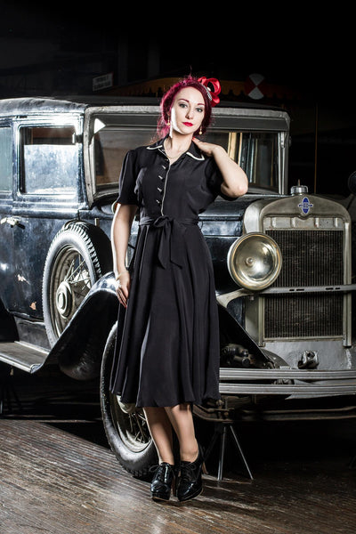 "Mae" Tea Dress in Black with Cream Contrasts, Classic 1940s Vintage Style - True and authentic vintage style clothing, inspired by the Classic styles of CC41 , WW2 and the fun 1950s RocknRoll era, for everyday wear plus events like Goodwood Revival, Twinwood Festival and Viva Las Vegas Rockabilly Weekend Rock n Romance The Seamstress of Bloomsbury