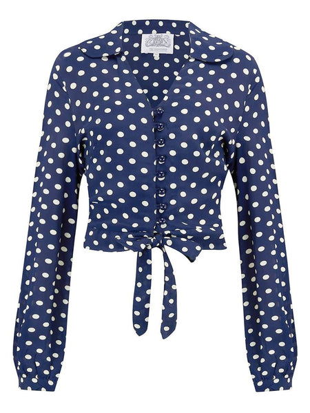 "Clarice" Blouse in Blue with Polka Dot Spot Print, Classic 1940s Vintage Inspired Style - True and authentic vintage style clothing, inspired by the Classic styles of CC41 , WW2 and the fun 1950s RocknRoll era, for everyday wear plus events like Goodwood Revival, Twinwood Festival and Viva Las Vegas Rockabilly Weekend Rock n Romance The Seamstress Of Bloomsbury
