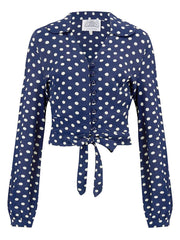"Clarice" Blouse in Blue with Polka Dot Spot Print, Classic 1940s Vintage Inspired Style