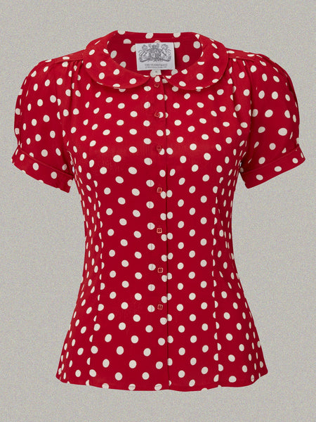 "Jive" Short Sleeve Blouse in Red with Polka Dot Spot, Classic 1940s Vintage Style - True and authentic vintage style clothing, inspired by the Classic styles of CC41 , WW2 and the fun 1950s RocknRoll era, for everyday wear plus events like Goodwood Revival, Twinwood Festival and Viva Las Vegas Rockabilly Weekend Rock n Romance The Seamstress Of Bloomsbury