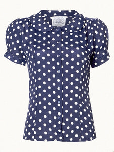 "Jive" Short Sleeve Blouse in Navy with White Polka, Classic 1940s Vintage Inspired Style - True and authentic vintage style clothing, inspired by the Classic styles of CC41 , WW2 and the fun 1950s RocknRoll era, for everyday wear plus events like Goodwood Revival, Twinwood Festival and Viva Las Vegas Rockabilly Weekend Rock n Romance The Seamstress Of Bloomsbury