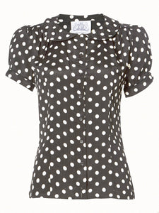 "Jive" Blouse in Black with Polka Dot Spot, Classic 1940s Vintage Inspired Style - True and authentic vintage style clothing, inspired by the Classic styles of CC41 , WW2 and the fun 1950s RocknRoll era, for everyday wear plus events like Goodwood Revival, Twinwood Festival and Viva Las Vegas Rockabilly Weekend Rock n Romance The Seamstress Of Bloomsbury
