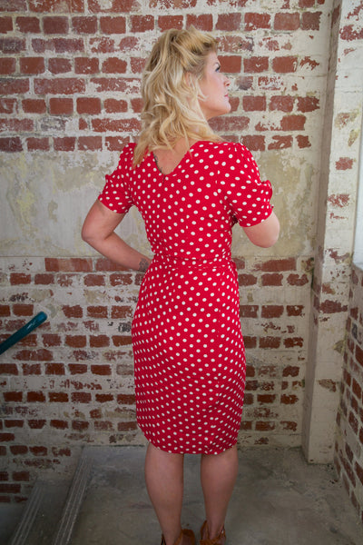 "Lilian" Dress in Red with Polka Dot Spot, Classic & Authentic 1940s Vintage Style - True and authentic vintage style clothing, inspired by the Classic styles of CC41 , WW2 and the fun 1950s RocknRoll era, for everyday wear plus events like Goodwood Revival, Twinwood Festival and Viva Las Vegas Rockabilly Weekend Rock n Romance The Seamstress Of Bloomsbury