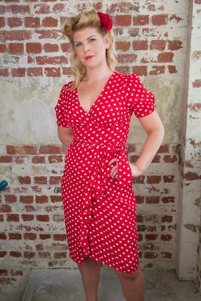 "Lilian" Dress in Red with Polka Dot Spot, Classic & Authentic 1940s Vintage Style - True and authentic vintage style clothing, inspired by the Classic styles of CC41 , WW2 and the fun 1950s RocknRoll era, for everyday wear plus events like Goodwood Revival, Twinwood Festival and Viva Las Vegas Rockabilly Weekend Rock n Romance The Seamstress Of Bloomsbury