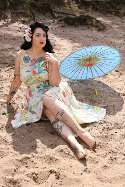 **Sample Sale** The "Suzy Sun Dress" in Natural Honolulu Print, Easy To Wear Tiki Style From The 50s - True and authentic vintage style clothing, inspired by the Classic styles of CC41 , WW2 and the fun 1950s RocknRoll era, for everyday wear plus events like Goodwood Revival, Twinwood Festival and Viva Las Vegas Rockabilly Weekend Rock n Romance Rock n Romance