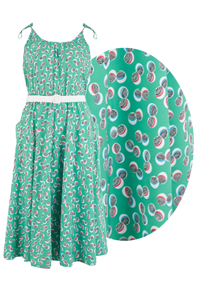 **Sample Sale** The "Suzy Sun Dress" in Green Abstract Polka Print, Easy To Wear Style From The 50s - True and authentic vintage style clothing, inspired by the Classic styles of CC41 , WW2 and the fun 1950s RocknRoll era, for everyday wear plus events like Goodwood Revival, Twinwood Festival and Viva Las Vegas Rockabilly Weekend Rock n Romance Rock n Romance