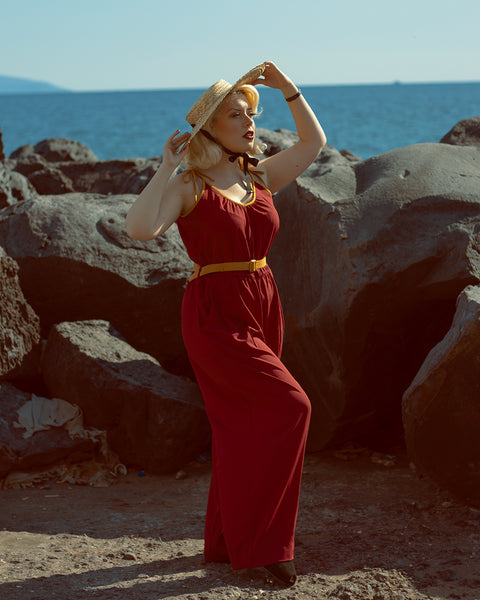 **Sample Sale** The "Marcie" Jump Suit in Wine With Mustard Contrasts, True & Authentic 1950s Vintage Style