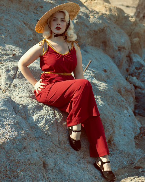 **Sample Sale** The "Marcie" Jump Suit in Wine With Mustard Contrasts, True & Authentic 1950s Vintage Style