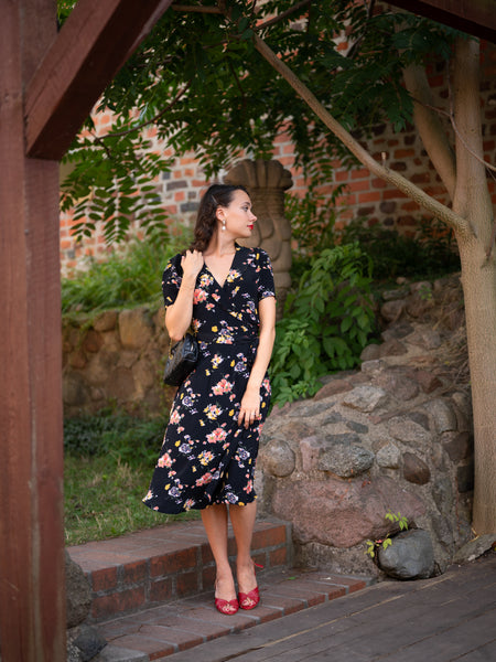 "Peggy" Wrap Dress in Black with Mayflower Print, Classic 1940s Vintage Inspired - CC41, Goodwood Revival, Twinwood Festival, Viva Las Vegas Rockabilly Weekend Rock n Romance The Seamstress of Bloomsbury