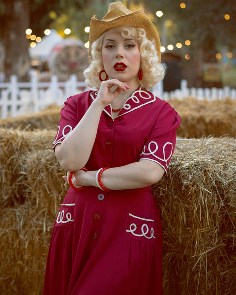 The "Loopy-Lou" Shirtwaister Dress in Wine with Contrast RicRac, True 1950s Vintage Style