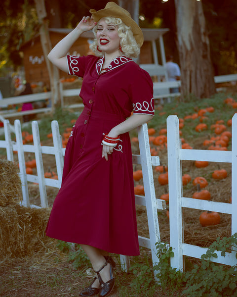 The "Loopy-Lou" Shirtwaister Dress in Wine with Contrast RicRac, True 1950s Vintage Style - CC41, Goodwood Revival, Twinwood Festival, Viva Las Vegas Rockabilly Weekend Rock n Romance Rock n Romance